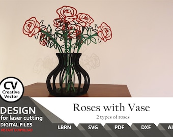 Para el Día de la Madre Rosas con Jarrón / SVG / XCS / LBRN / dxf / Ai / Valentine / Roses / Lightburn / Fácil de cortar con láser / Regalo / Amor