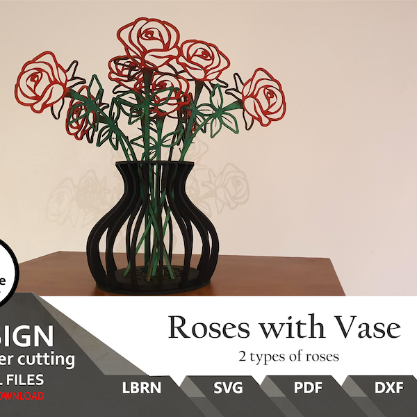 For Mother's Day Roses with Vase  | SVG | XCS | LBRN | dxf | Ai | Valentine | Roses | Lightburn | Easy to laser cut | Gift | Love