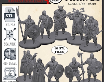Vikings 3D Print Files – 10 Scale 28mm Miniatures (Digital Download)