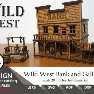 Project for laser cutting Wild West Bank + Gallows SVG | XCS | LBRN | dxf | scaled for miniatures from 28mm  up to 34mm | scale 1:56
