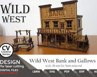 May include: A laser-cut wooden model of a two-storey Wild West bank building with a balcony, stairs, and a separate gallows structure. The bank features the word BANK engraved on the facade. The set is designed for 28 mm scale and 3 mm material.