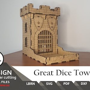 May include: A wooden tower shaped like a castle with a gate and two shields. The tower is designed for dice rolling and has a stone-like texture. The text "Great Dice Tower" is visible below the tower.