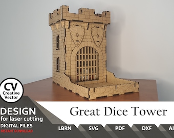 Files for laser cutting Castle Great Dice Tower with movable Gate  SVG, DXF, XCS Lbrn Lightburn xTool