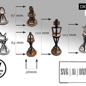 Pu&ograve; includere: Un set di sei pezzi degli scacchi in legno tagliati al laser con design a incastro. Le altezze sono 55 mm, 67 mm, 69 mm, 84 mm, 103 mm e 120 mm, con una base di 36 mm. Testo: DIGITAL FILES, CV Creative Vector, SVG | Ai | DXF | LBRN.