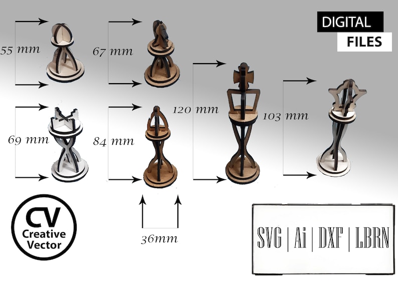 Pu&ograve; includere: Un set di sei pezzi degli scacchi in legno tagliati al laser con design a incastro. Le altezze sono 55 mm, 67 mm, 69 mm, 84 mm, 103 mm e 120 mm, con una base di 36 mm. Testo: DIGITAL FILES, CV Creative Vector, SVG | Ai | DXF | LBRN.
