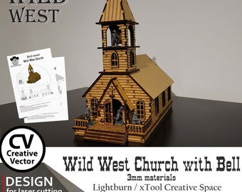 Wilder Westen Kirche mit Glocke SVG | XCS | LBRN | Ich | passend für Miniaturen von 28mm bis 34mm | Maßstab 1:56 | Lightburn Laser-Dateien zum schneiden