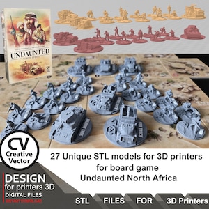 May include: A collection of 27 3D printable STL files for the board game Undaunted North Africa, featuring miniature figures of soldiers, tanks, and trucks in grey, red, and tan, alongside the game box and printed map tiles.