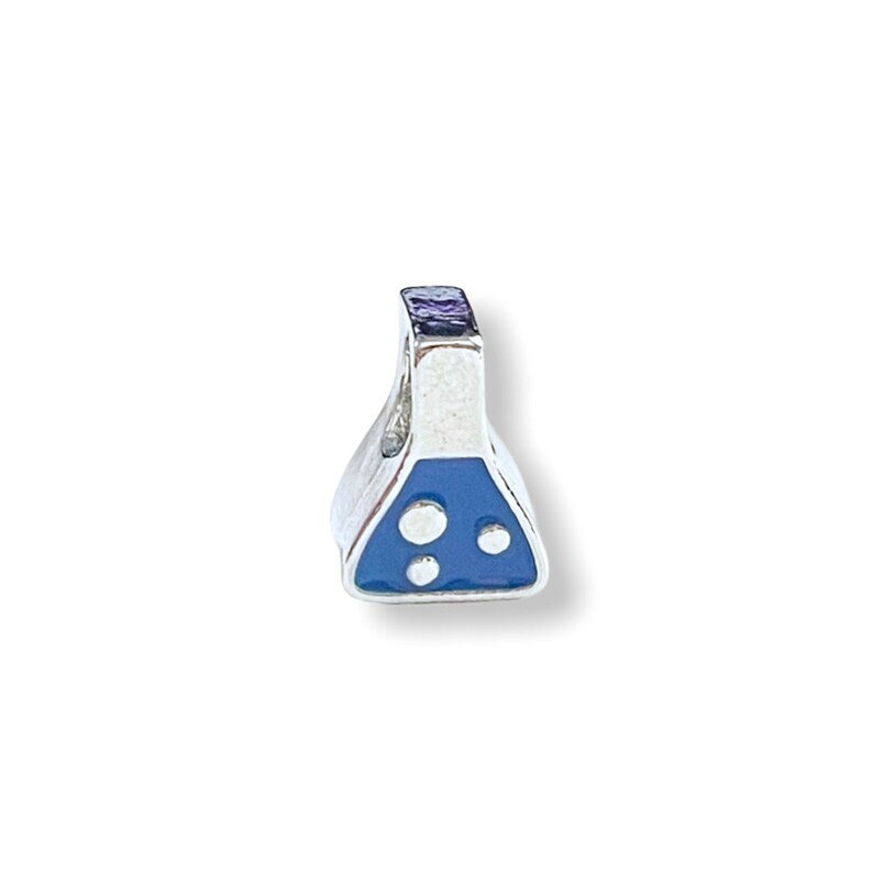 May include: A silver charm with a blue enamel design. The charm is shaped like a laboratory flask with three white dots on the blue surface. The top of the charm has a silver loop for attaching to a bracelet or necklace.