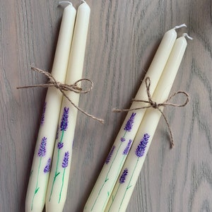 Hand Painted Floral Lavender Taper Candles image 1