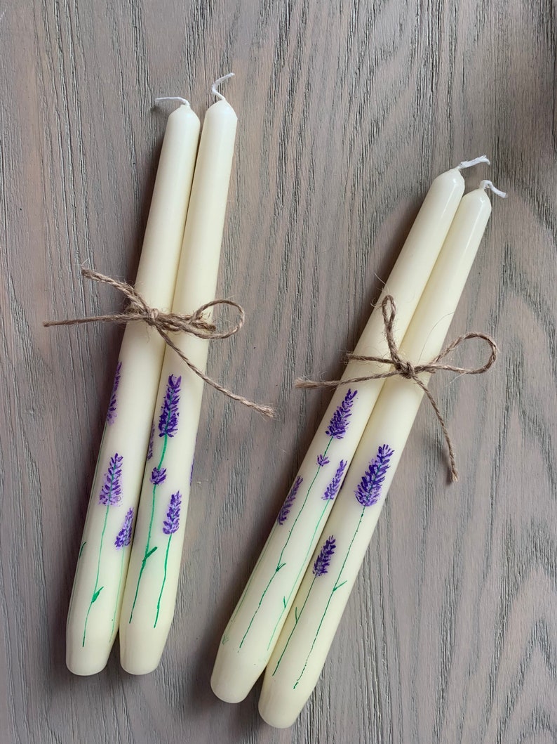 Hand Painted Floral Lavender Taper Candles image 1