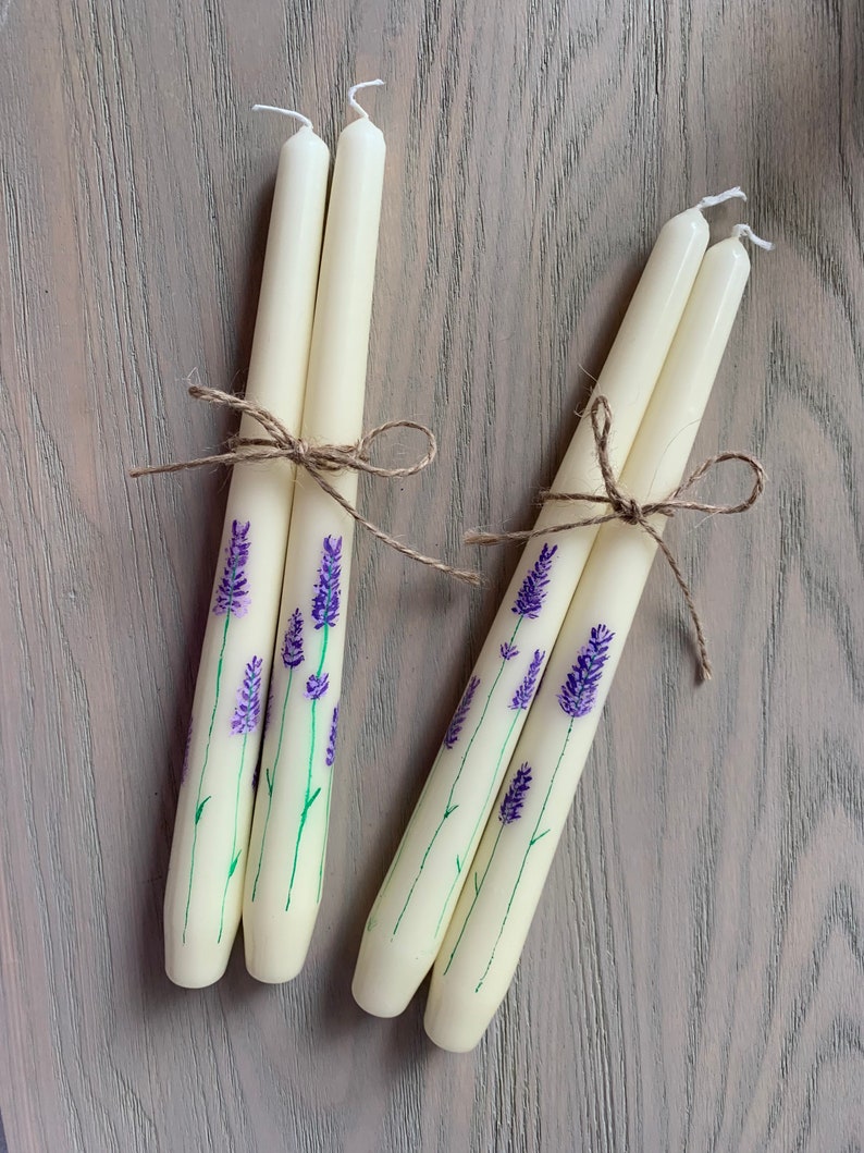 Hand Painted Floral Lavender Taper Candles image 4