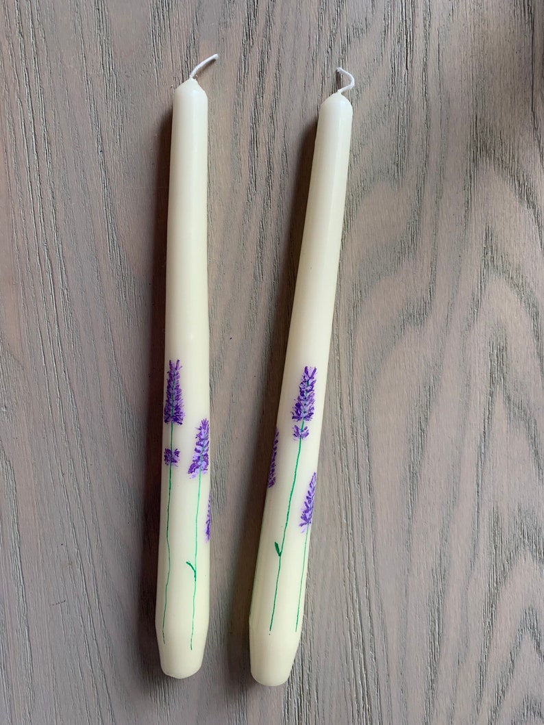 Hand Painted Floral Lavender Taper Candles image 2