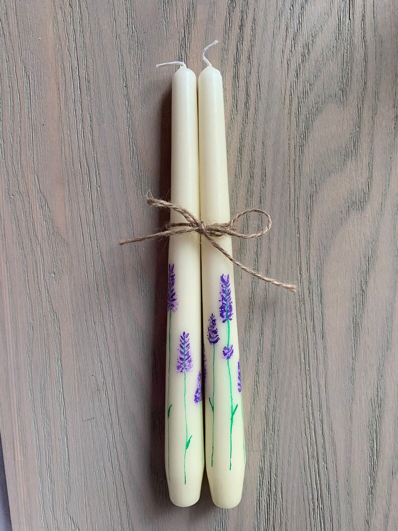 Hand Painted Floral Lavender Taper Candles image 3