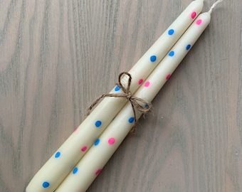 Hand Painted Polka Dot Taper Candles - Blue & Pink Spots