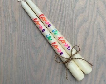 Hand Painted ‘love is love’ Rainbow Taper Candles