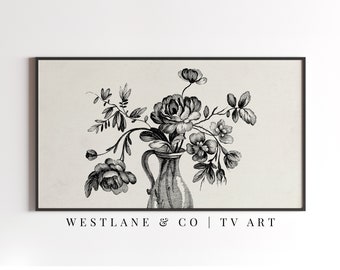 Vintage Frame TV Art Neutral Flower Sketch | Farmhouse Decor | DIGITAL File