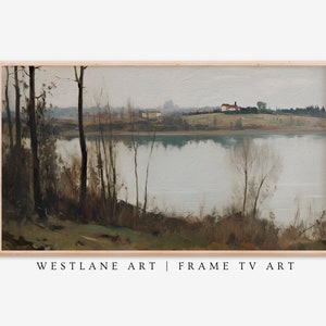 Rustic Lake House Painting Samsung Frame TV Art | Lake Landscape Warm Neutral Tones DIGITAL Download TV414