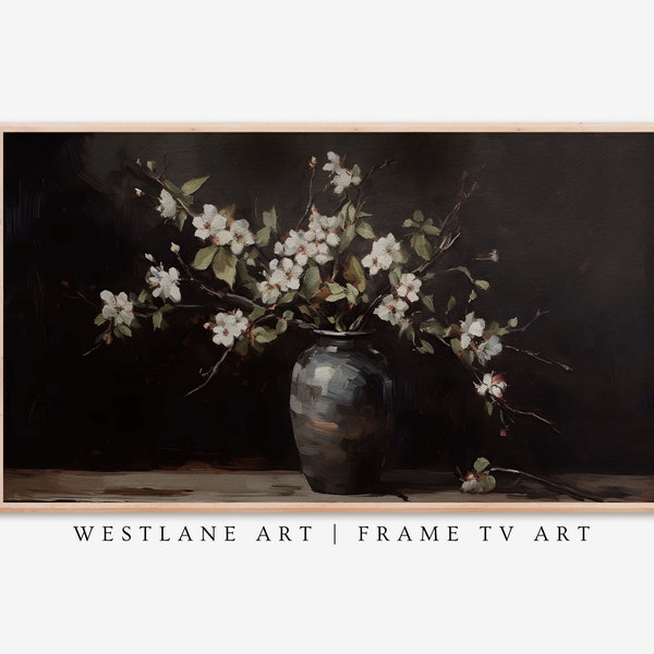 Dark Botanical Apple Blossom Branches Frame TV ART | Moody Farmhouse Painting Living Room Decor DIGITAL Download TV405