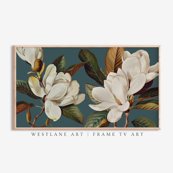 Vintage Modern Magnolia Botanical Teal FRAME TV Art | Victorian Floral Digital Download Printable Wall Art TVB-14