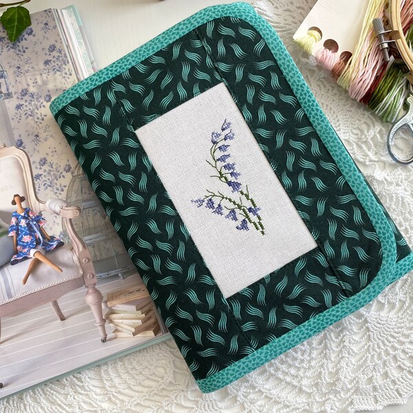 Organizador de projetos turquesa, organizador de pastas têxteis, produto bordado à mão, armazenamento de bordados