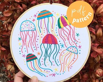 Electric Jellyfish digital embroidery pattern, fun embroidery pdf