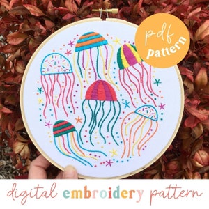 Electric Jellyfish digital embroidery pattern, fun embroidery pdf
