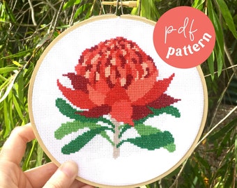 Waratah cross stitch digital pattern, Australian floral modern cross stitch digital pattern