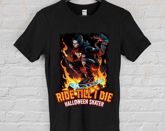 Halloween Skull Skateboarder T-Shirt: Vintage Biker Skeleton Art