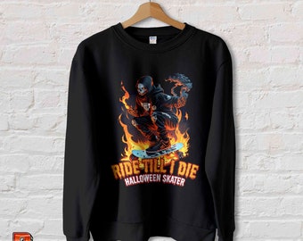 Halloween Skull Skateboarder Sweatshirt: Vintage Biker Art