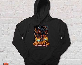 Vintage Halloween Skull Skateboarder Hoodie - Unisex Biker Art