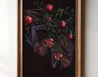 Fruit bat art print pomegranate tree wall art gothic bat decor botanical nature print bat lover gift dark forest animal wall room decor