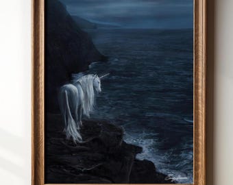 Unicorn Art Print Fantasy Wall Art Ocean Illustration Dreamy Mythical Unicorn Coastal Landscape Magic Nursery Decor Fantasy Lover Gift