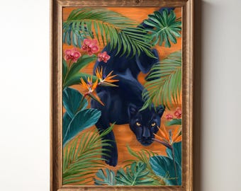 Original Tropical Summer Wall Art Jungle Animal Print Black Panther Artwork Exotic Cat Wall Decor Wildlife Art Jaguar Poster Nature Print