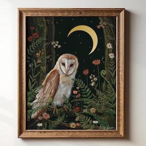 Owl in the Ferns Art Print: Enchanted Forest Animal Home Decor
