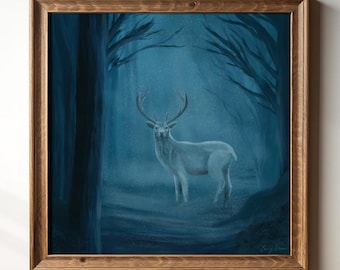 White Stag Art Print Forest Animal Wall Decor Majestic Deer Painting Nature Illustration Winter Wildlife Home Decor Gift for Nature Lovers