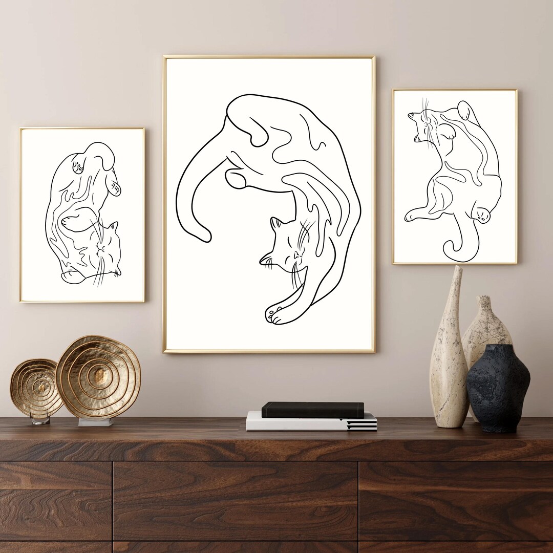 Minimalist Cat Line Art Print Set of 3 Neutral Modern Cat Wall Art ...