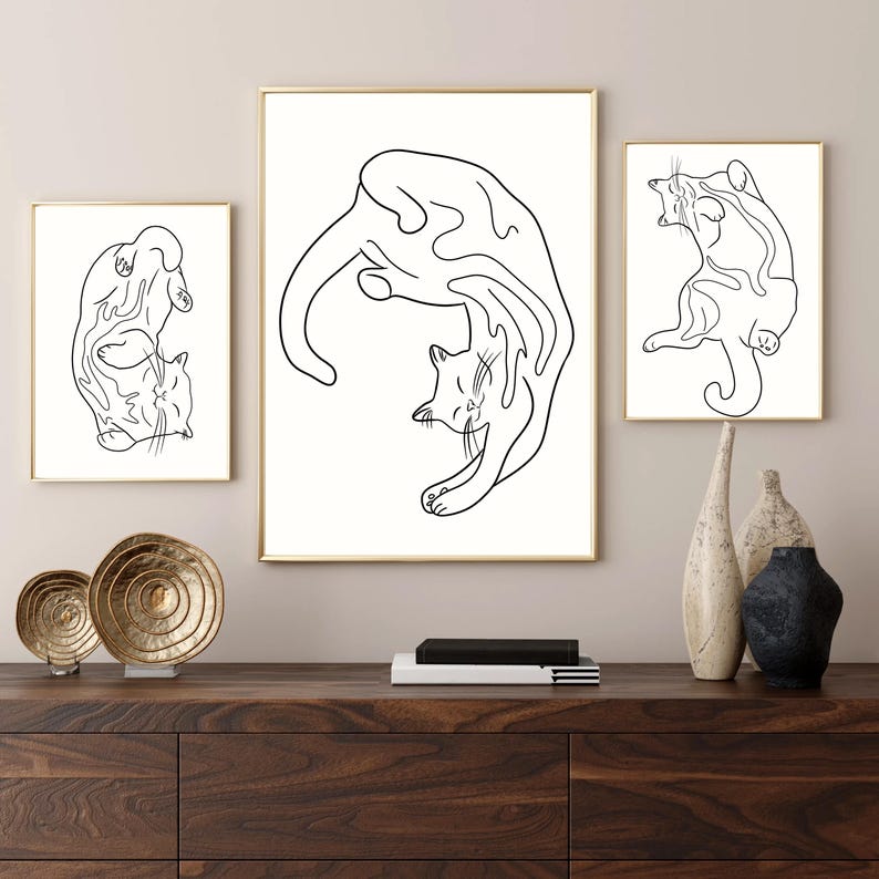 Minimalist Cat Line Art Print Set of 3 Neutral Modern Cat Wall Art ...