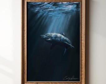 Stampa artistica di squali, decorazione murale con vita marina, opera d'arte costiera nautica, dipinto di fauna marina per la camera dei bambini o per la casa sulla spiaggia.