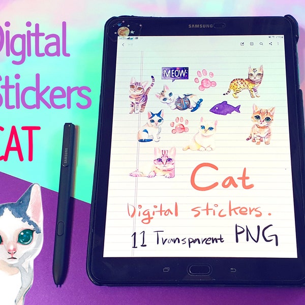 Watercolor drawing cats digital stickers for tablet PC - 11 Individual Transparent PNG