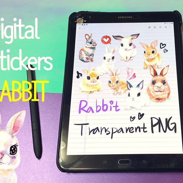 Watercolor drawing rabbits digital stickers for tablet PC - 10 Individual Transparent PNG