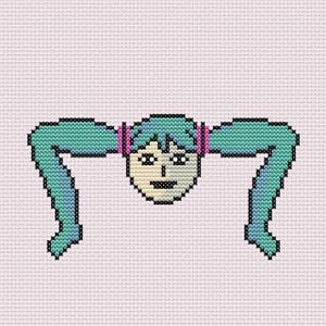 May include: Cross-stitch design of a stylized anime character's face with turquoise pigtails and pink hair ties. The face is beige with black stitched features, including eyes, a nose, and a smiling mouth. The background is a light pink fabric.