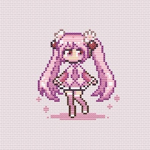May include: A cross-stitch design of a cute anime-style character in shades of pink and purple. The character has long, flowing hair, a detailed outfit, and is set against a light pink background. The pixelated style gives it a retro, handmade feel.