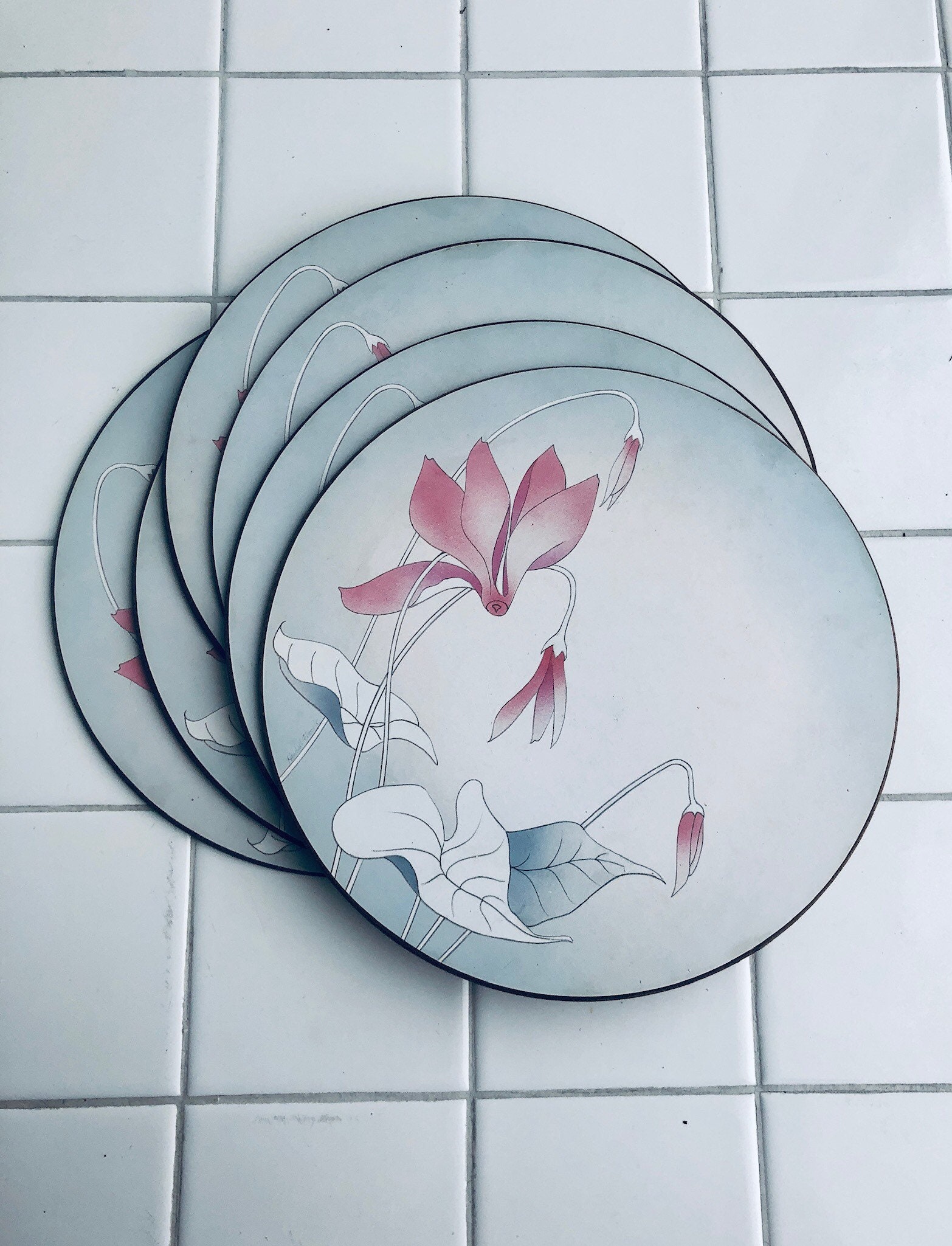 Vintage set of 6 gray pink and white placemats. Etsy