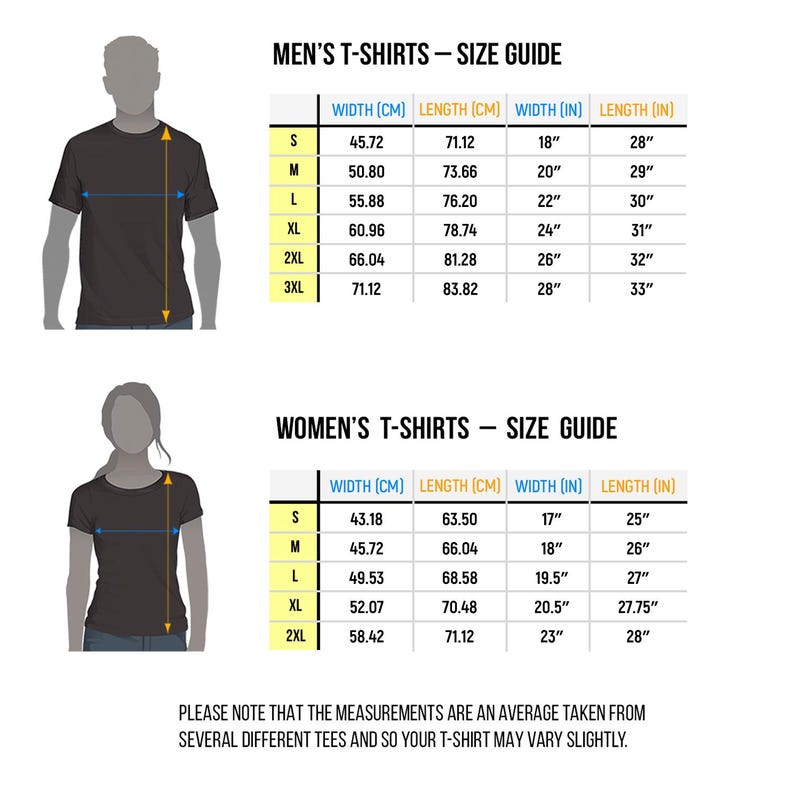 May include: Size guide for men's and women's t-shirts. Includes measurements in inches and centimeters for width and length. Sizes range from S to 3XL for men and S to 2XL for women. The image also includes a note about measurement variations.