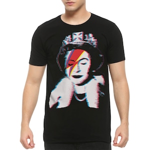 May include: Black t-shirt with a graphic print of Queen Elizabeth II wearing a crown and a lightning bolt across her eye, reminiscent of David Bowie's iconic look.