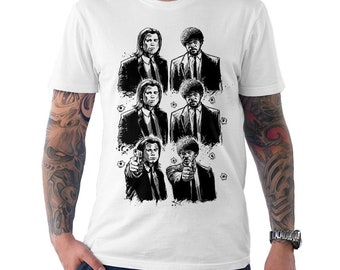 May include: White t-shirt with a black and white illustration of six characters in suits, arranged in three rows of two. The characters are holding guns. The design includes bullet hole graphics.