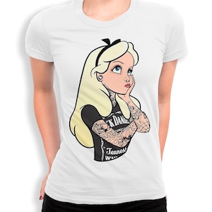 T-shirt "Alice nel Paese delle Meraviglie" con scritta "Tatuata Rock", taglie da uomo e da donna (pfa-252)