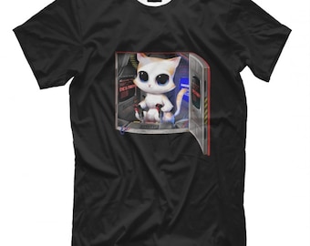 May include: Black t-shirt featuring a cartoon cat with large eyes inside a futuristic-looking doorway. The cat is holding two controllers. The doorway has the word "DESTROY" on the side. The shirt is made of a soft material.