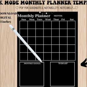 Dark Mode Monthly Planner, Digital Planner, Goodnotes Template, iPad Planner, Digital Journal Pdf, Undated Monthly Planner
