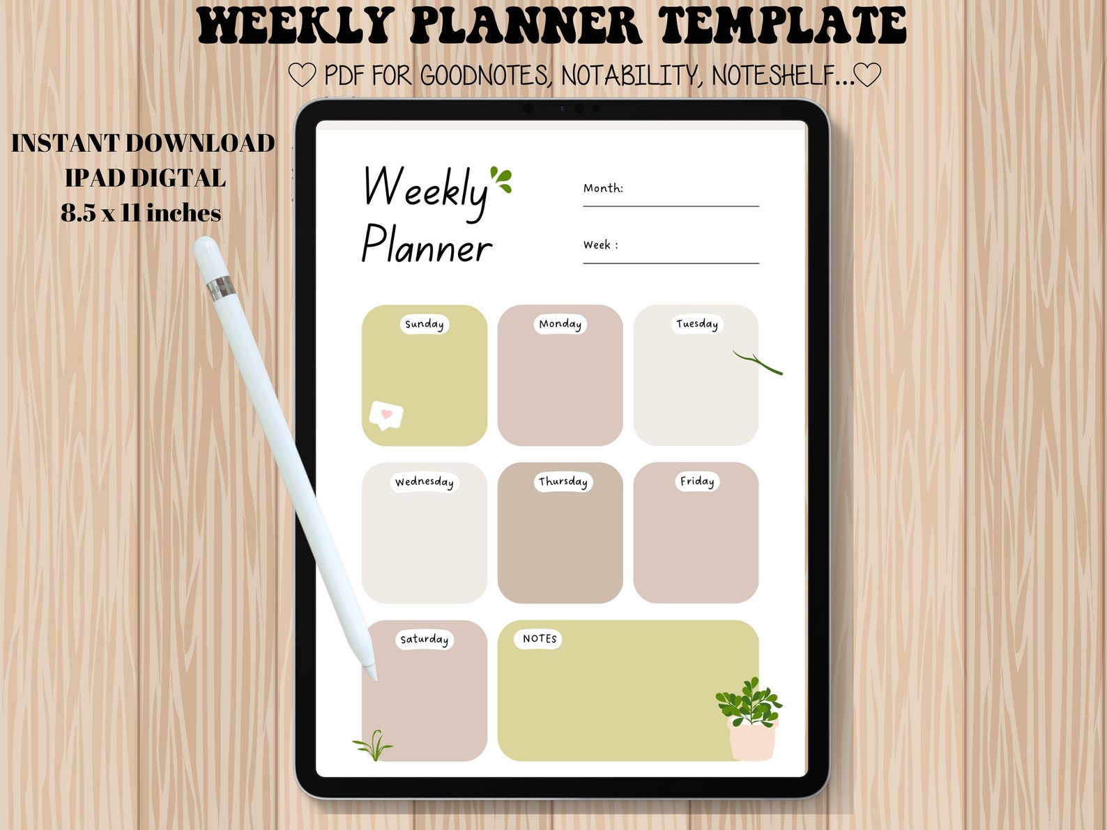 Weekly Planner Goodnotes Template, Digital Planner Pdf, Cute Planner ...